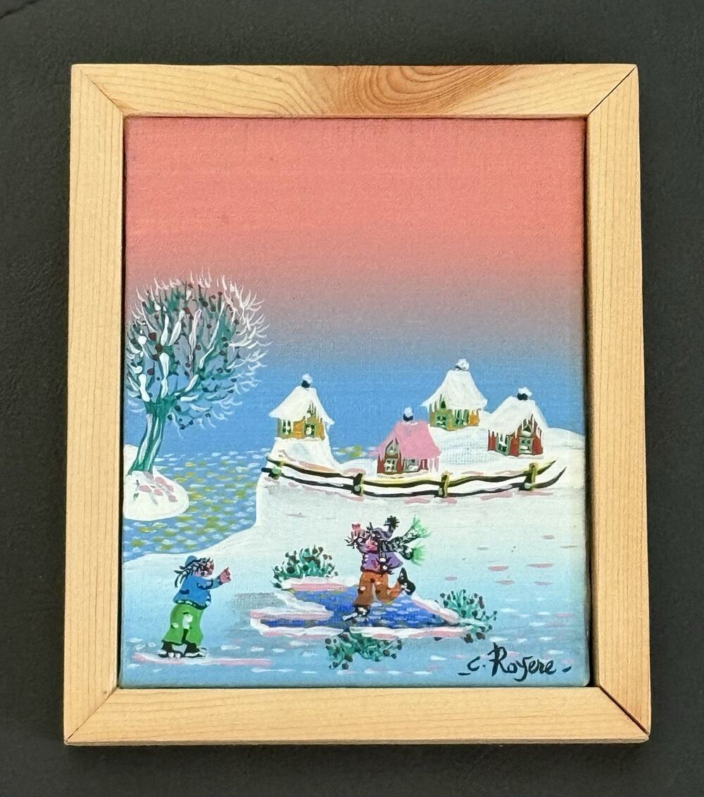 Signed Original Folk Art Painting in Frame-Winter Village